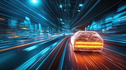 Poster - A polygonal truck illuminated with digital patterns speeds down a high-tech road, depicting the future of logistics and digital infrastructure.