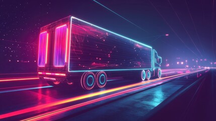 Leinwandbilder - A polygonal truck with neon lights drives on a digital road at night, reflecting the future of smart vehicles and technology-driven transport.