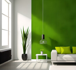 Wall Mural - Blank concrete wall in modern empty room with tropical plant garden. Luxury house interior with green palm trees. Minimal architecture design. Generative AI.