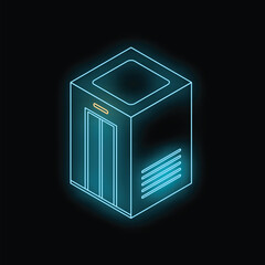 Poster - neon elevator sign with glowing blue lines on a black background, isometric vector illustration