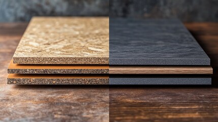 Poster - A side-by-side comparison of melamine-faced fibreboard and HMR melamine-coated chipboard, contrasting their vibrant surfaces for a clear visual.