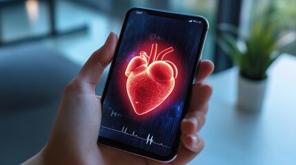 Poster - A sleek e-health app on a mobile device, displaying a 3D heart and vital signs to monitor health and wellness.