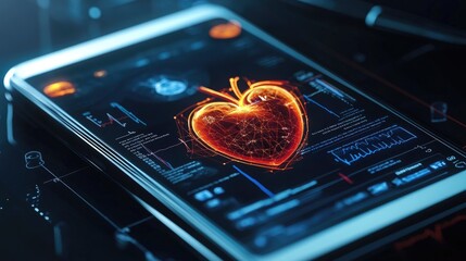 Poster - A sleek e-health app on a mobile device, displaying a 3D heart and vital signs to monitor health and wellness.