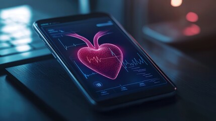 Poster - A sleek e-health app on a mobile device, displaying a 3D heart and vital signs to monitor health and wellness.