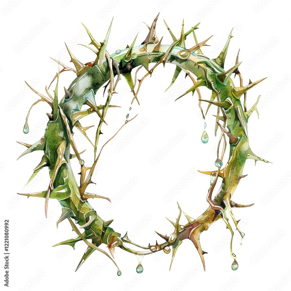 Watercolor clipart of a crown of thorns detailed with drops of dew ...