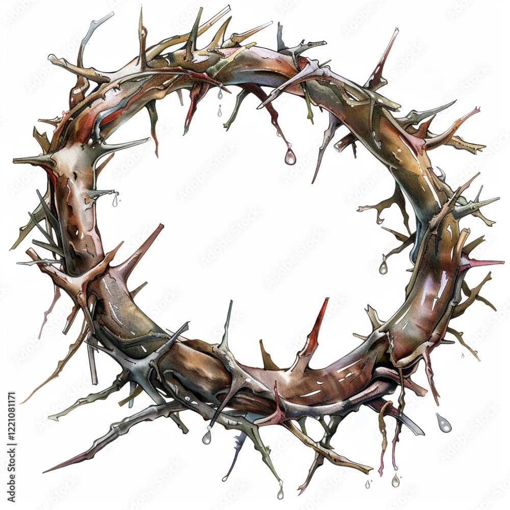 Watercolor clipart of a crown of thorns detailed with drops of dew ...