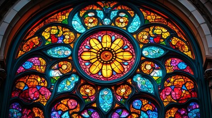 Poster - Colorful stained glass window depicting a flower in a church