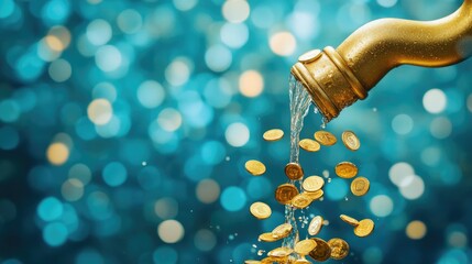Poster - A stunning visual of gold coins cascading from a golden faucet, suspended in mid-air, with a bold blue background emphasizing financial wealth.