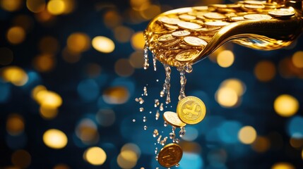 Poster - A stunning visual of gold coins cascading from a golden faucet, suspended in mid-air, with a bold blue background emphasizing financial wealth.