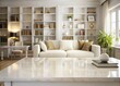 © Arnada - Vintage Style White Tabletop Mockup: Copy Space on Luxury Surface in Modern White Living Room with Bookshelves