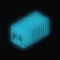 Poster - neon blue shipping container glowing on a dark background representing international trade and freig