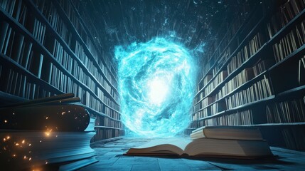 Poster - A surreal library with books floating into a radiant portal in space, illustrating the transcendence of knowledge and learning.