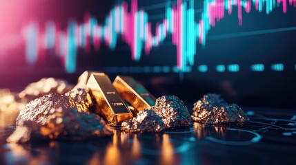 Poster - A table with gleaming gold bars, set against a stock market diagram showing upward trends in financial investment.