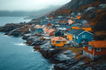 Wall Mural - Colorful houses dotting the rocky coastline of Norway, creating a captivating autumnal scene