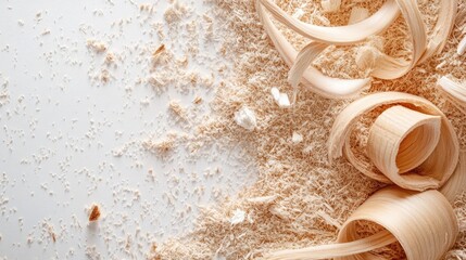 Poster - A tidy composition of wood sawdust and natural wood curls on a white backdrop, creating a calm, clean aesthetic with plenty of space for design.