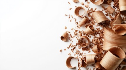 Poster - A tidy composition of wood sawdust and natural wood curls on a white backdrop, creating a calm, clean aesthetic with plenty of space for design.