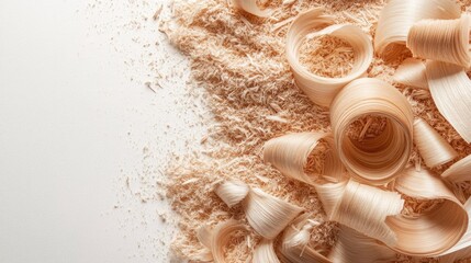 Poster - A tidy composition of wood sawdust and natural wood curls on a white backdrop, creating a calm, clean aesthetic with plenty of space for design.