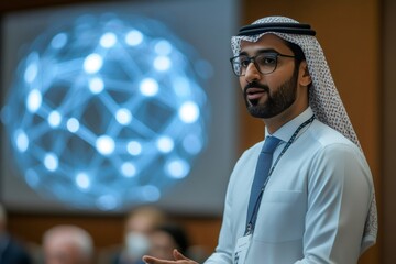 Poster - Middle eastern businessman giving presentation about global connections and network