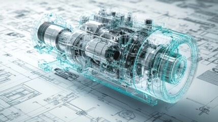 Poster - A transparent engine overlaid on technical engineering drawings, symbolizing the fusion of innovation and advanced development in engineering.