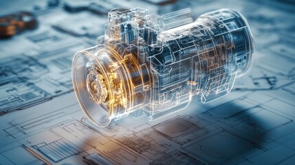 Poster - A transparent engine overlaid on technical engineering drawings, symbolizing the fusion of innovation and advanced development in engineering.