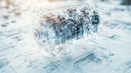 Poster - A transparent engine overlaid on technical engineering drawings, symbolizing the fusion of innovation and advanced development in engineering.