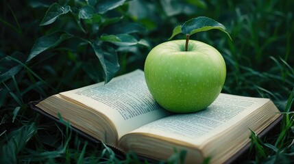 Poster - A vibrant green apple placed on an open book in the middle of lush green grass, symbolizing learning and nature harmony.