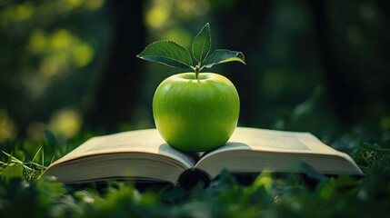 Poster - A vibrant green apple placed on an open book in the middle of lush green grass, symbolizing learning and nature harmony.