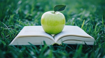 Poster - A vibrant green apple placed on an open book in the middle of lush green grass, symbolizing learning and nature harmony.