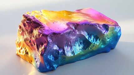 Poster - A vibrant piece of rainbow-colored clay with a foam-like texture, capturing its metallic sheen as it reflects different lights.