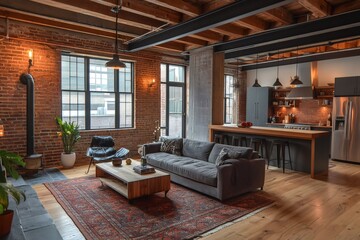 Poster - Modern open plan apartment with exposed brick and wooden beams showing industrial design