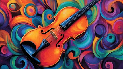 Aufkleber - A violin bathed in vibrant colors, surrounded by artistic, swirling music patterns that bring the rhythm to life.