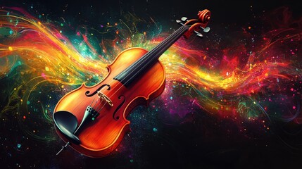 Aufkleber - A violin bathed in vibrant colors, surrounded by artistic, swirling music patterns that bring the rhythm to life.