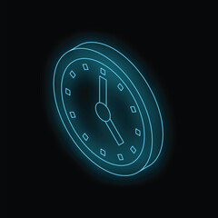 Poster - Blue neon clock showing time passing isometrically on black background