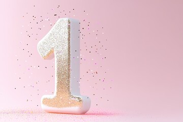 Poster - A stunning glittering number one stands prominently against a soft gradient backdrop of pink and gold, surrounded by delicate glowing sparkles, ideal for branding or special occasions