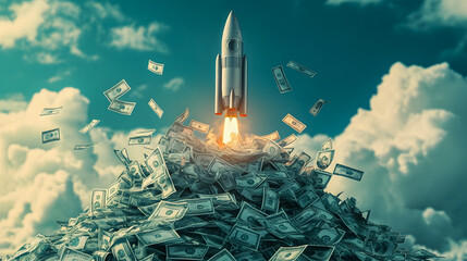 Poster - Rocket Launching Above a Mountain of Cash with Dramatic Clouds in the Background, Symbolizing Wealth and Financial Success