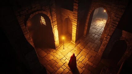 Poster - An adventurer exploring the forgotten halls of a mysterious monastery, torchlight illuminating the eerie and cryptic surroundings.