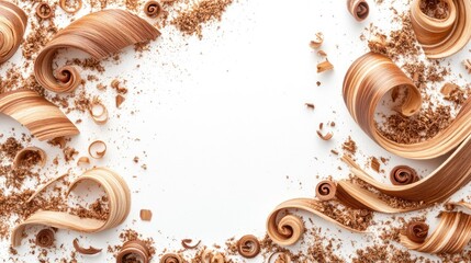 Poster - An artistic composition of wood curls and sawdust scattered on a white background, leaving room for copy or creative design elements.