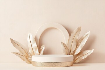 Poster - This sophisticated podium features a sleek matte surface in white or gold, accented by vibrant banana leaves