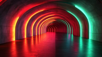 Poster - Neon lit tunnel of endless arches glows in vibrant red and green