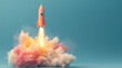 © Elena - Retro rocket launch with colorful smoke on teal background