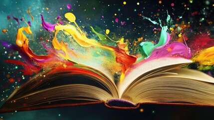 Poster - An open book with colorful paint splashes flying from the pages, representing the fusion of literature and artistic expression.
