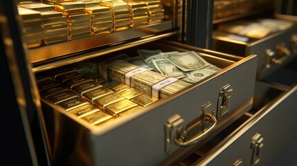 Aufkleber - An open luxury safe deposit box, revealing gold bars, bundles of cash, and critical financial documents stored securely.