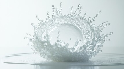 Poster - Artistic shot of crown-shaped water splash transforming into a sphere on a white surface, symbolizing harmony in fluid dynamics.