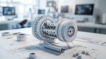 Poster - Complex gearbox design with technical blueprints and 3D printed prototypes, highlighting the meticulous process of engineering and innovation.