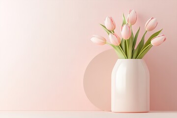 Poster - A smooth white vase holds vibrant tulips, positioned next to a modern podium. The soft pastel background enhances the fresh colors, perfect for campaign designs or product branding