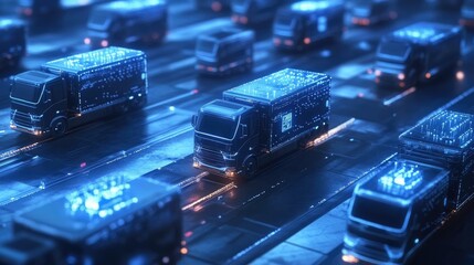 Poster - Concept of trucks connected through a smart global network, representing fleet management and the evolution of logistics with advanced technology.