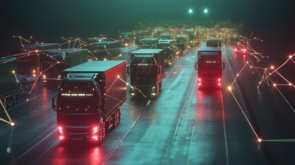 Poster - Conceptual image of trucks connected via a global smart network, visualizing the efficiency and innovation behind fleet management in logistics.