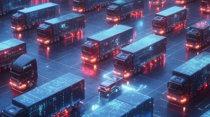 Poster - Conceptual image of trucks connected via a global smart network, visualizing the efficiency and innovation behind fleet management in logistics.