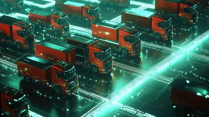 Poster - Conceptual image of trucks connected via a global smart network, visualizing the efficiency and innovation behind fleet management in logistics.
