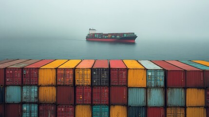 Wall Mural - Container Ship Approaching Cargo Ship with Colorful Containers in the Fog